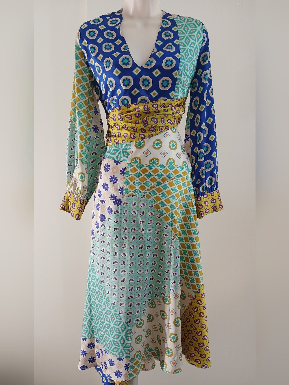 Zara Blue Teal Yellow Patchwork V‑Neck Long Sleeve Dress